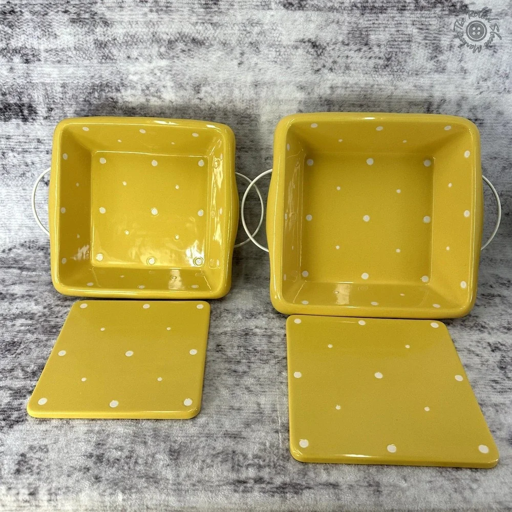 Temptations 6 piece 8x8 9x9 Baking Dishes Wire Racks & Trivets Yellow Polka Dot